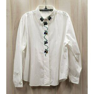 Long Sleeve White Christmas Shirt Blouse, Embroidered Ornaments, Sz 18, HighGate